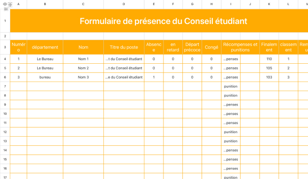 Formulaire de présence du Conseil étudiant